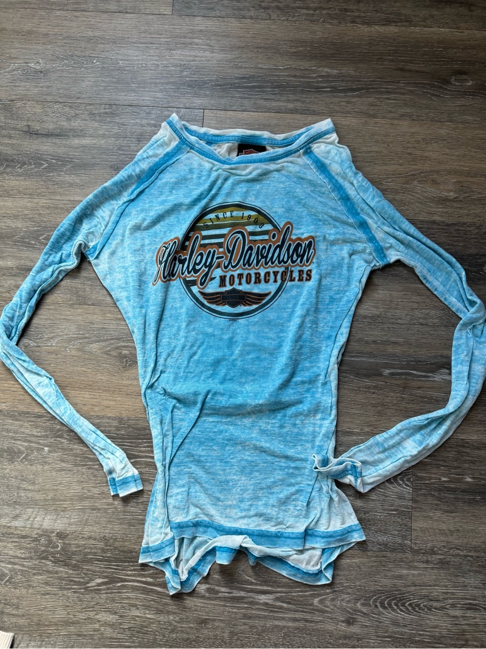 Harley-Davidson Women's Light Blue Raglan Long Sleeve Graphic Tee sz S